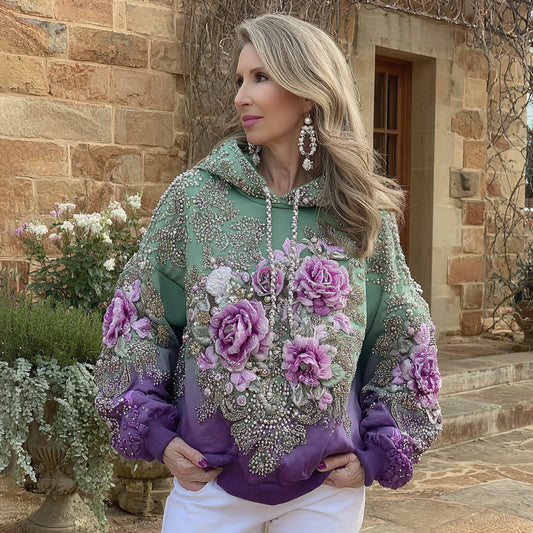 Women's Retro Purple Rose Gradient Art Pattern Casual Hoodie artswardrobe