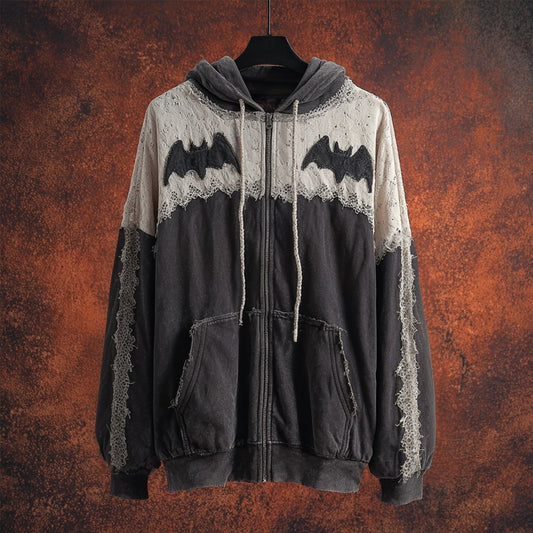 Comstylish Vintage Halloween Bats Embroidered Lace Patchwork Zip Up Hoodie