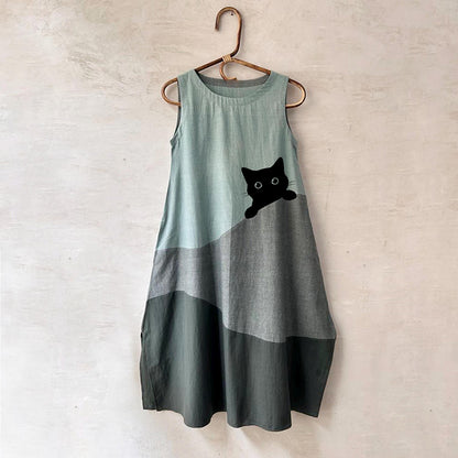 Comstylish Women's Cute Black Cat In Contrast Color Design Midi Dress