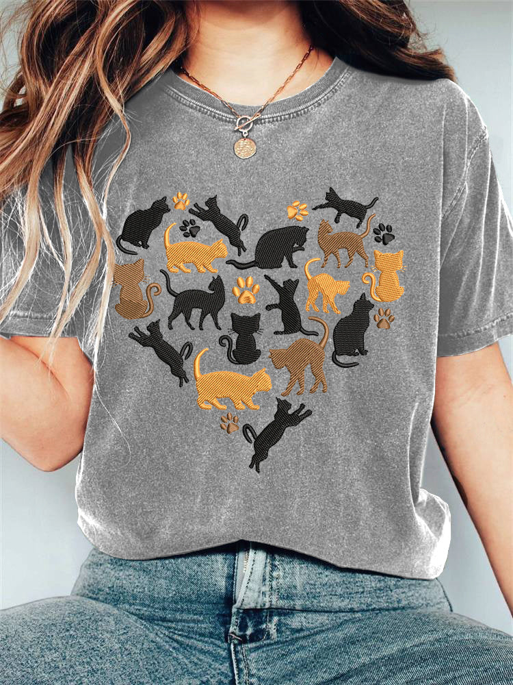 Love Cat Embroidery Printed T-shirt elevenforest