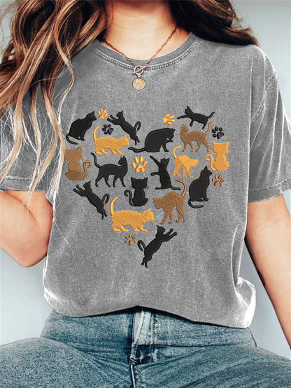 Love Cat Embroidery Printed T-shirt elevenforest