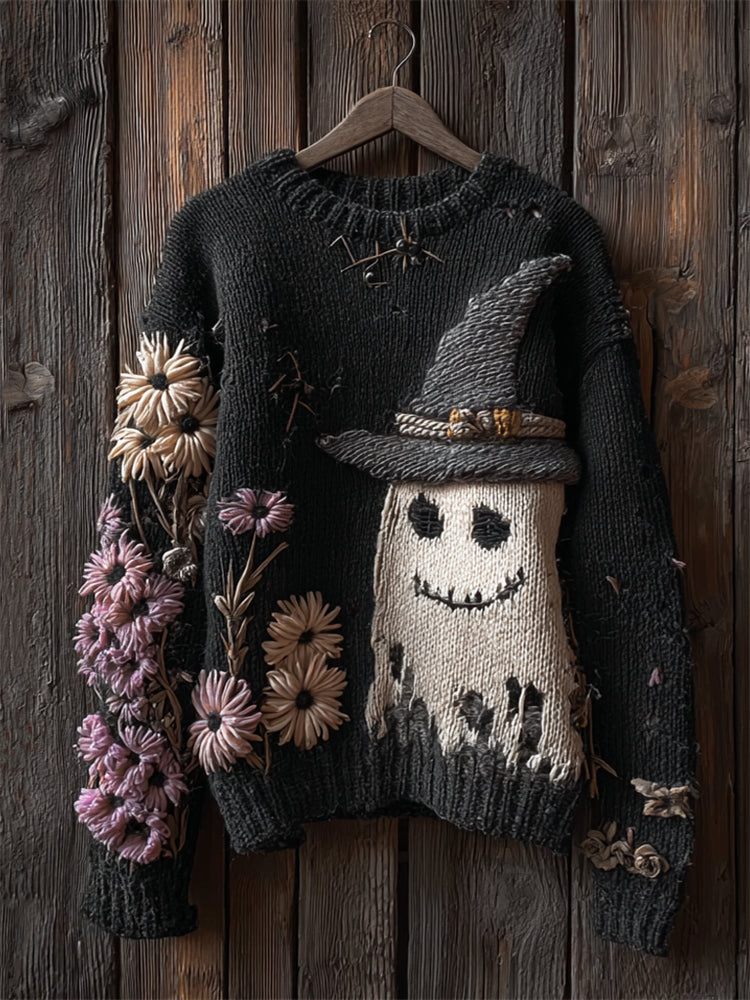 Comstylish Halloween Lovely Ghost Floral Embroidered Cozy Knit Sweater