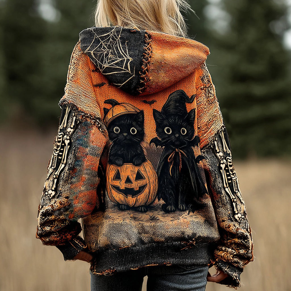 Comstylish Halloween Funny Black Cat Pumpkin Jacquard Knitted Zipper Up Hooded Sweater