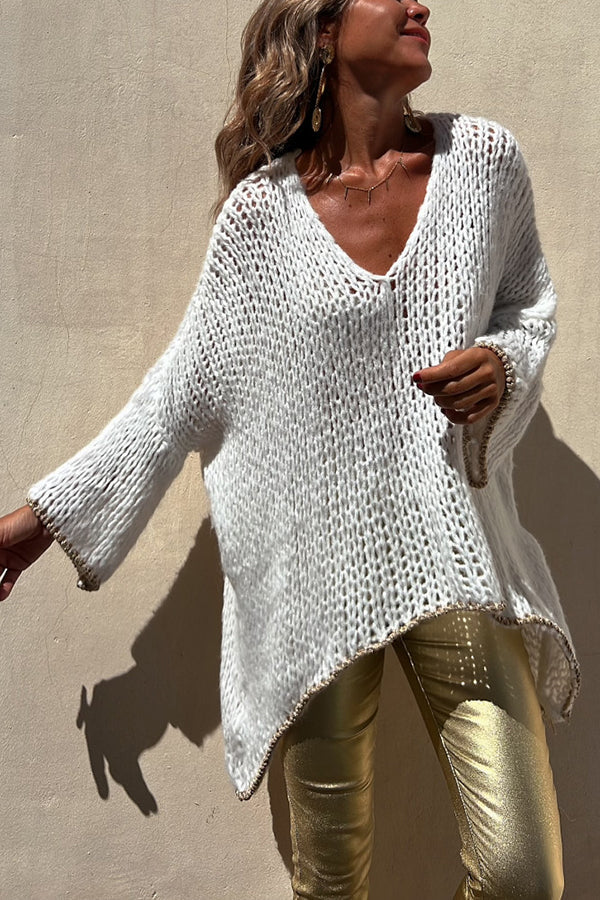 Roxanne® | Striped knit sweater with loose embellishments