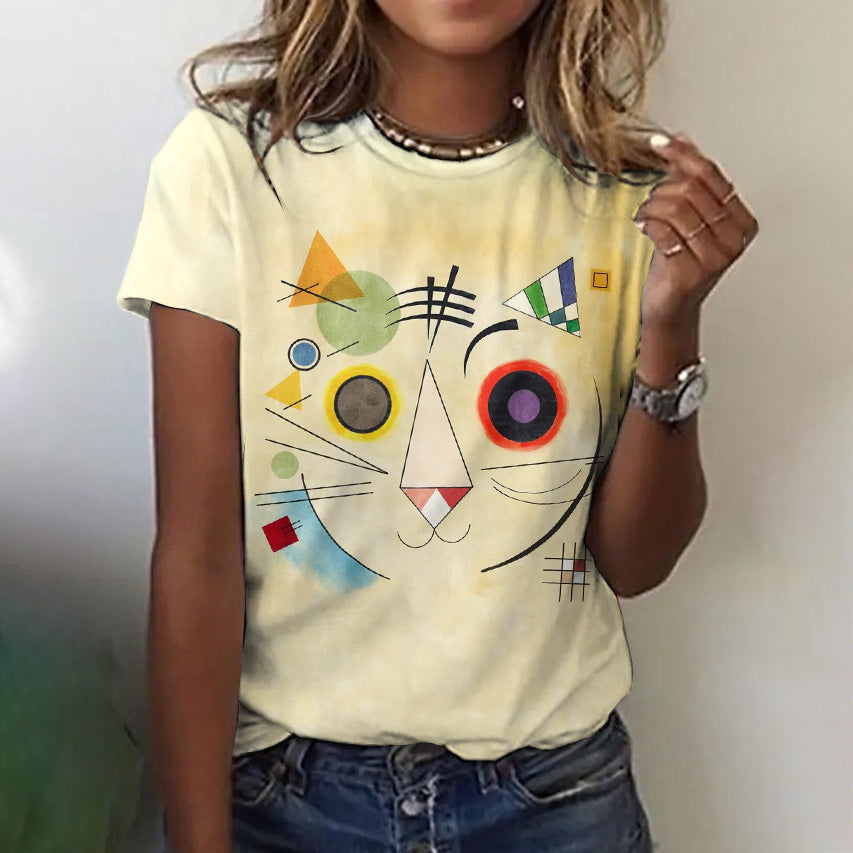 Fun Geometry Pop Art Cat Expression Color T-shirt elevenforest