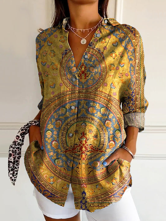 Women's Vintage Ethnic Floral Art Print Casual Cotton Shirt