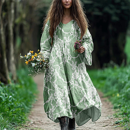 Vintage Floral Lace Linen Blend Flowy Maxi Dress artswardrobe
