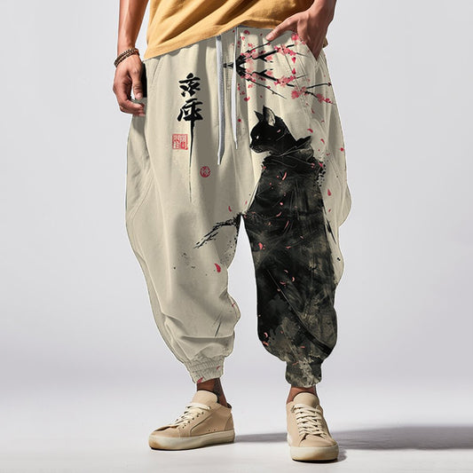 Vintage Japanese Black Robe Cat Ink Japanese Art Print Pattern Casual Loose Drawstring Waist Sweatpants elevenforest