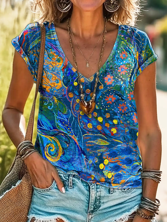 Women's Watercolor Floral Art Print 100%Cotton V-neck T-Shirt