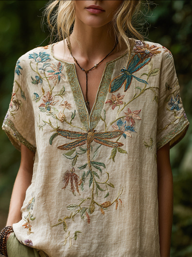 Comstylish Bohemian Style Dragonfly Flower Three-dimensional Embroidery Vintage V-neck Short-sleeved Shirt