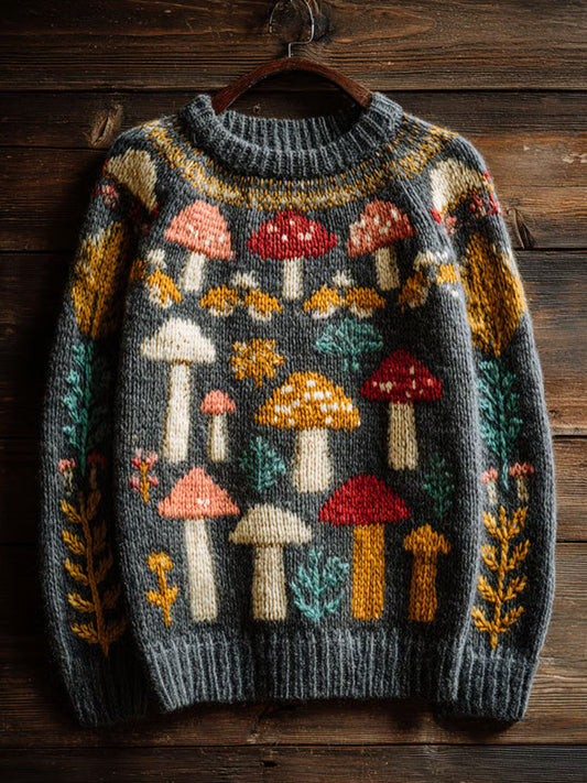 Women's Retro Mushroom Print Crew Neck Sweater artswardrobe
