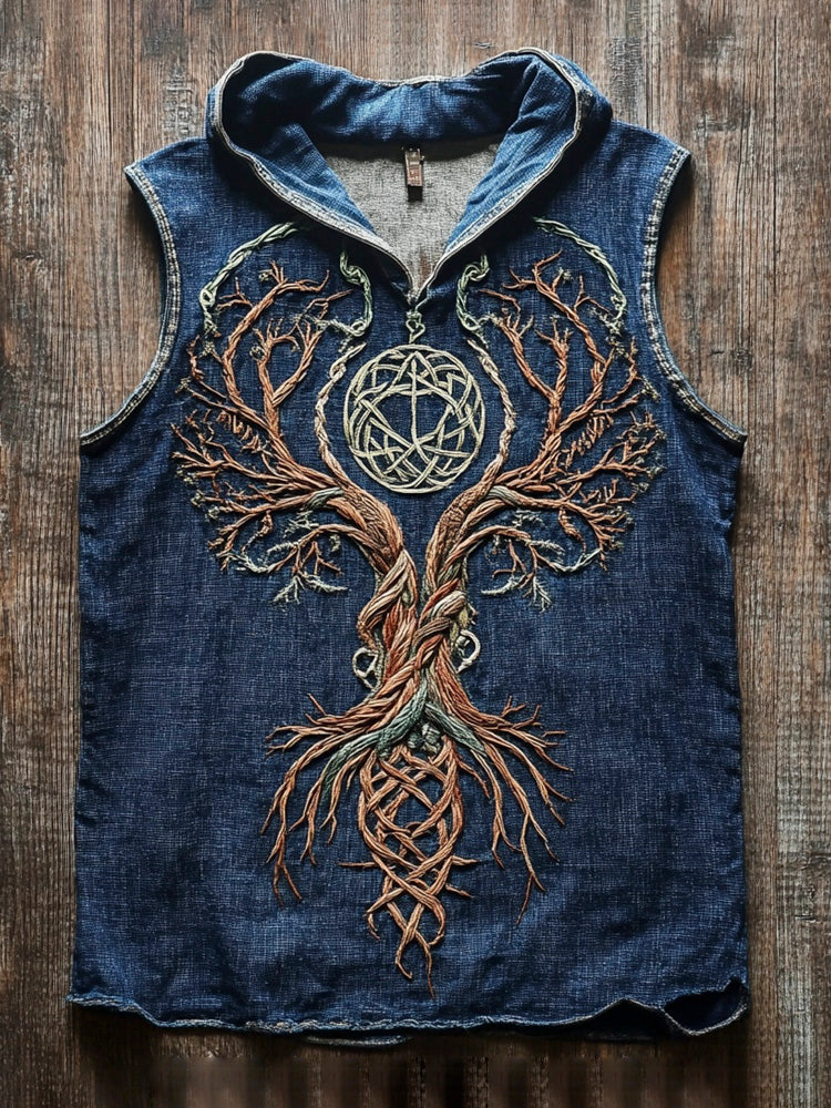 Viking Tree Of Life Vintage Embroidered Men's Hooded Tank Top artswardrobe