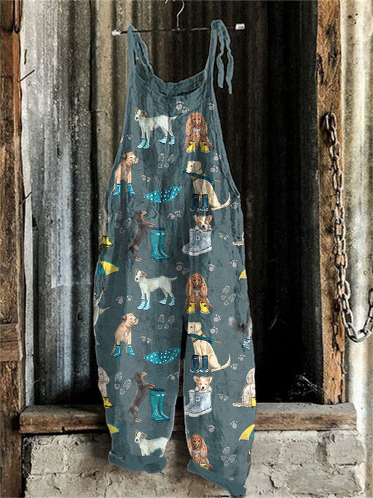 Comstylish Funny Dogs Print Linen Blend Casual Jumpsuit