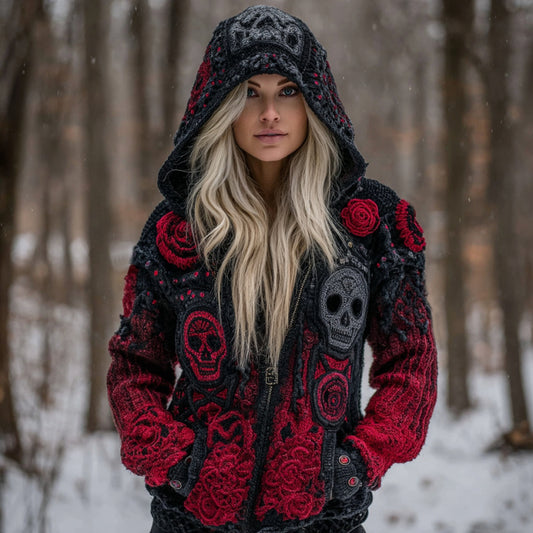 Women's Vintage Skull Art Knit Zip Up Hooded Sweater artswardrobe