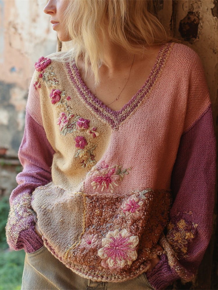 Boho Floral Embroidery Color Block Women's V-neck Sweater artswardrobe