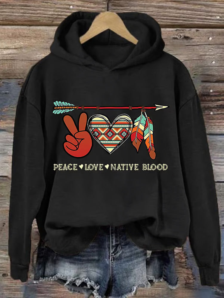 Comstylish Retro Native American Heritage Month Peace Love Native Blood Print Hoodie