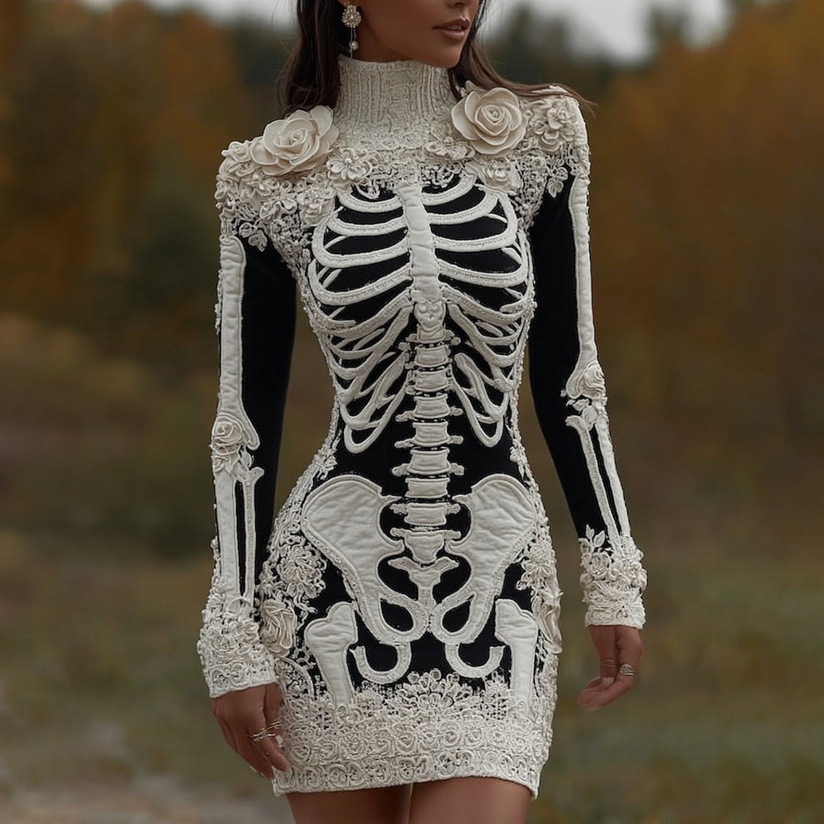 Comstylish Comstylish Women's Halloween Skeleton Bones With Rose Art Cozy Knit Turtleneck Mini Sweater Dress