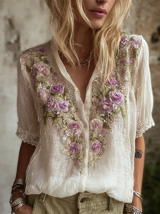 Comstylish Boho Lace Floral Embroidery Women's Linen V-neck Short Sleeve Shirt