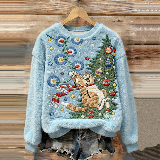 Women's Christmas Cat Embroidery Art Comfort Plush Sweatshirt