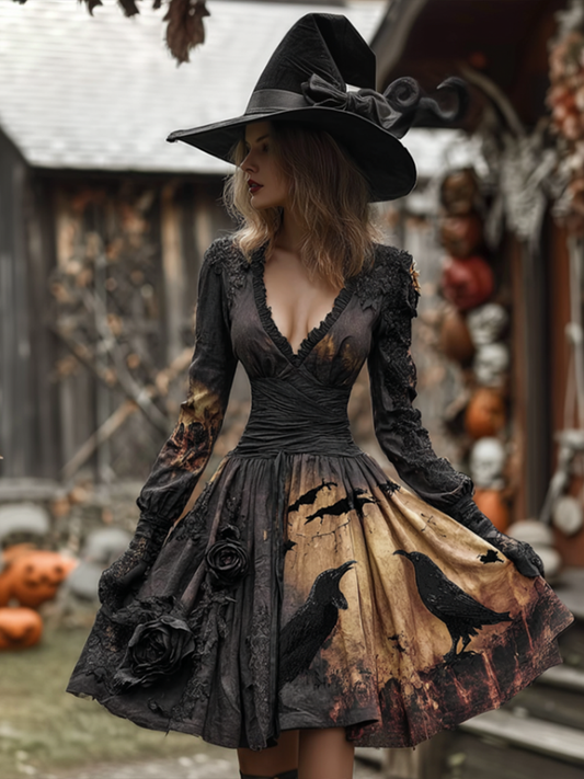 Comstylish Women's Halloween Night Raven V-neck Long Sleeve Dress