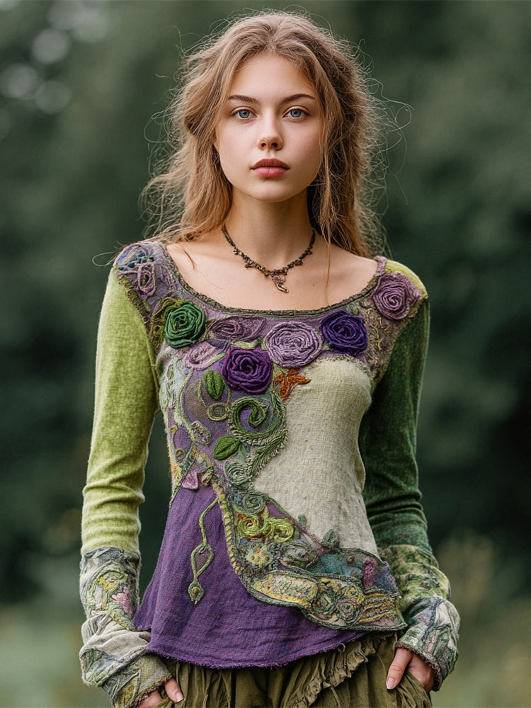 Vintage Gradient Rose Patchwork Art Women's Long Sleeve Shirt artswardrobe