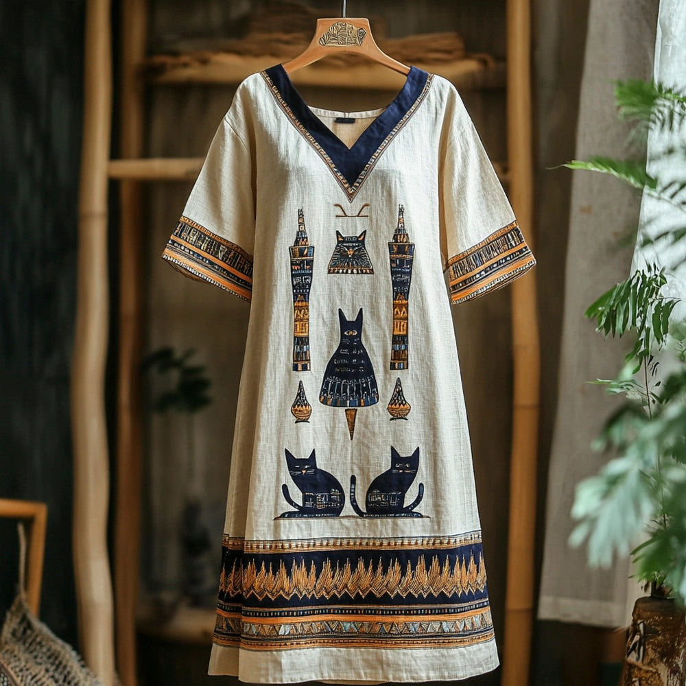 Egyptian Cat Vintage Totem Women's Linen Short Sleeve Maxi Dress