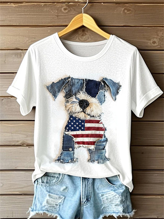 Comstylish Fuzzy Dog American Flag Denim Patchwork Comfy T Shirt