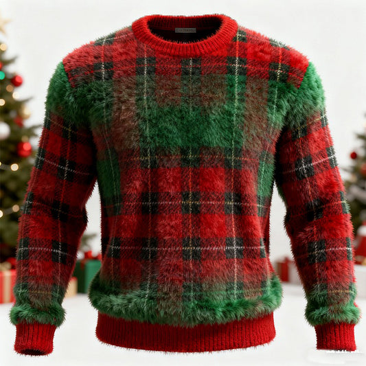 Comstylish Men's Retro Christmas Gradient Plaid Cozy Plush Sweatshirt