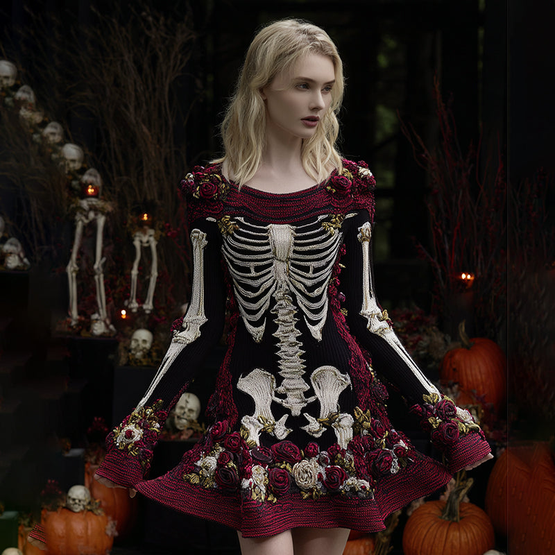 Comstylish Women's Vintage Floral Skull Pattern Cozy Knit Mini Sweater Dress