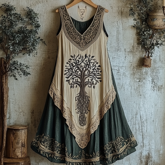 Viking Celtic Tree Of Life Patchwork Linen Tank Midi Dress artswardrobe