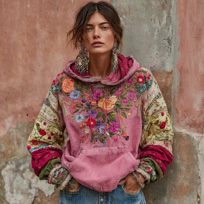 Women's Vintage Bohemian Floral Embroidery Patchwork Art Casual Hoodie artswardrobe