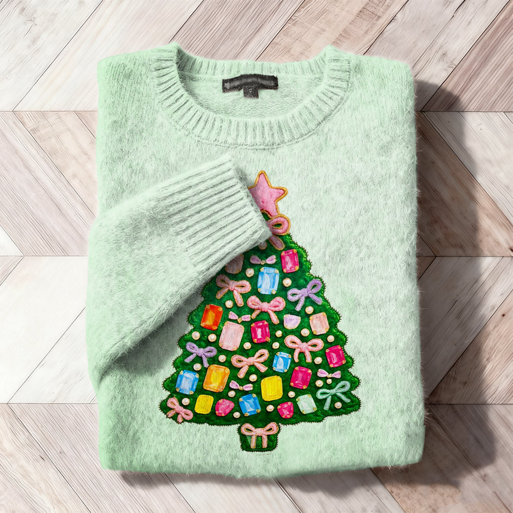 Comstylish Christmas Rhinestone Tree Embroidered Cozy Knit Sweater