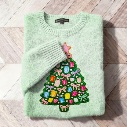 Comstylish Christmas Rhinestone Tree Embroidered Cozy Knit Sweater