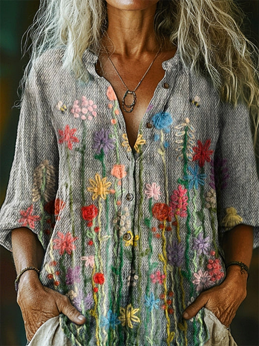 Women's Floral Pattern Art Print Casual Cotton Linen Shirt