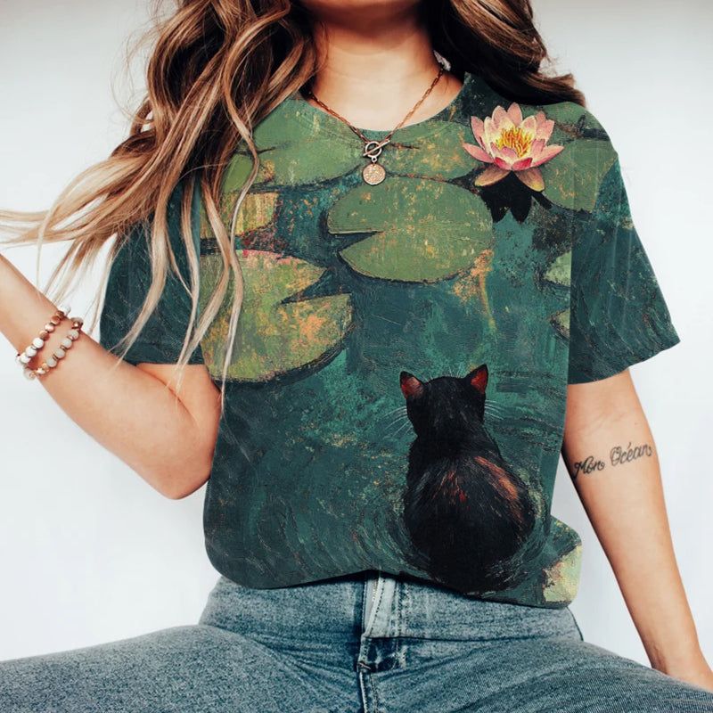 Women's Oil Painting Black Cat And Lotus Print T-shirt elevenforest
