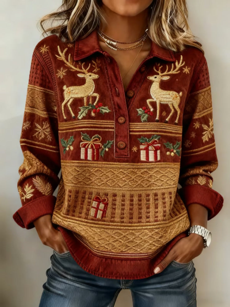 Comstylish Women's Retro Christmas Casual Collared Top