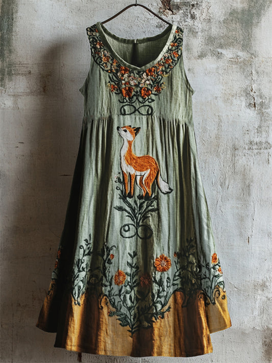 Vintage Fox Floral Embroidered Contrast Linen Dress artswardrobe