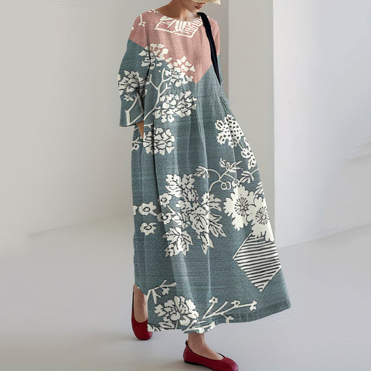 Comstylish Japanese Art Patchwork Floral Print Loose Midi Dress