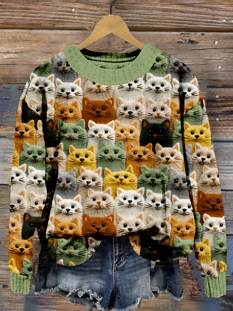 Comstylish Colorful Cute Cats Embroidered Cozy Sweater