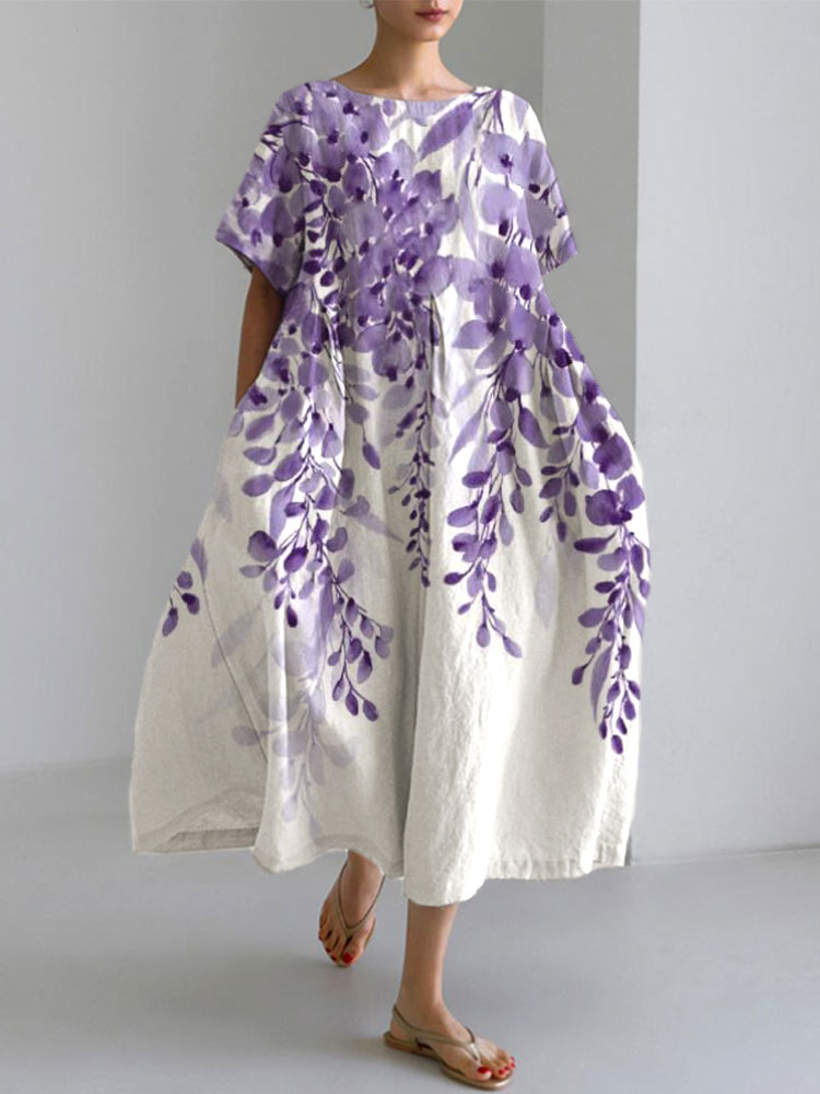 Comstylish Japanese Art Plants And Flowers Print Cotton Blend Dress
