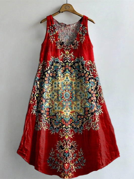 Women's Vintage Ethnic Floral Art Print V-neck Pocket Cotton Dress