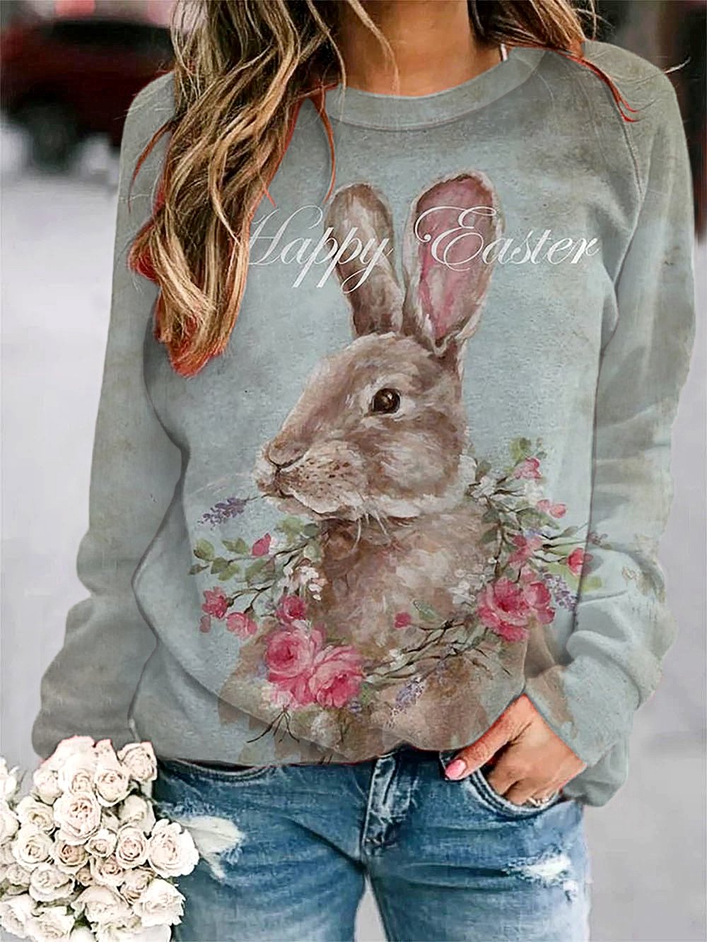 Women's Happy Easter Cute Bunny Print Sweatshirt