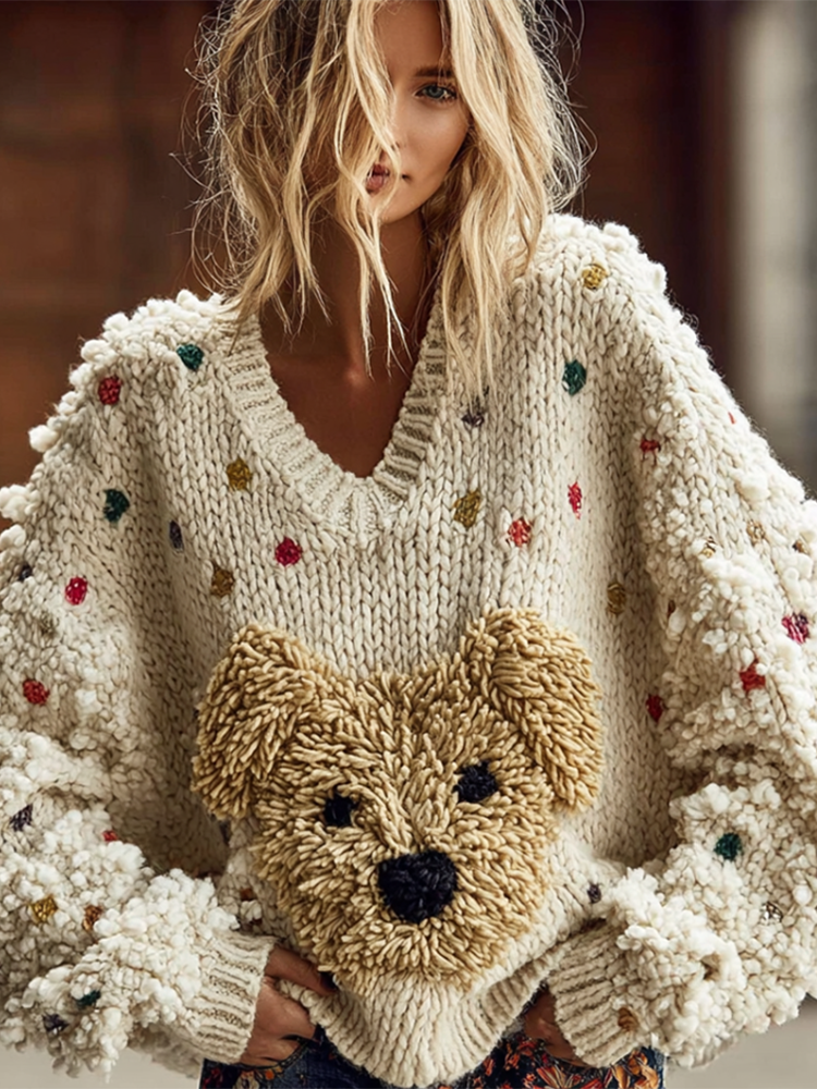 Comstylish Lady Retro Cute Dog Plush Comfortable Knitted Sweater.