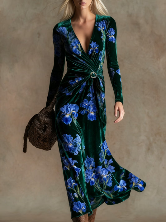 Elegant vintage print V-neck velvet maxi dress