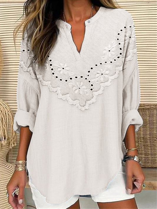 Comstylish Floral Embroidered Lace Hem Linen Blend Tunic