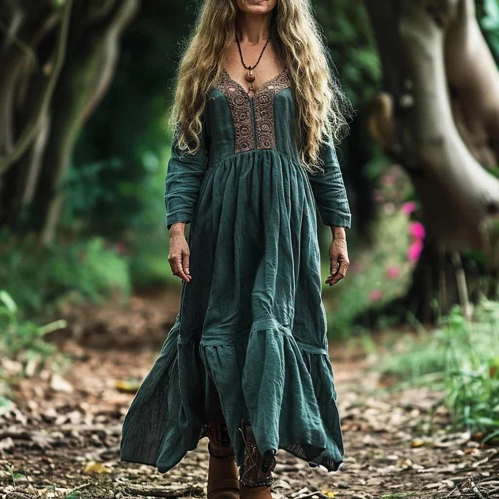 Women's Vintage Boho Linen Blend Ethnic Midi Dress artswardrobe