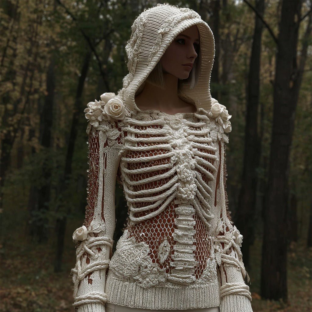 Women's Halloween Skull And White Rose Mesh Sweater artswardrobe