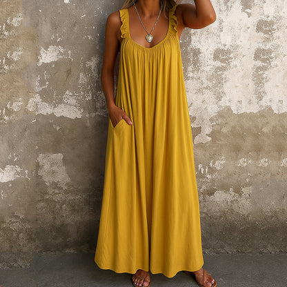 Casual U Neck Ruffle Cami Maxi Dress artswardrobe