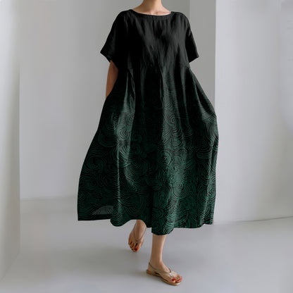 Comstylish Vintage Waves Print Short Sleeve Linen Blend Maxi Dress