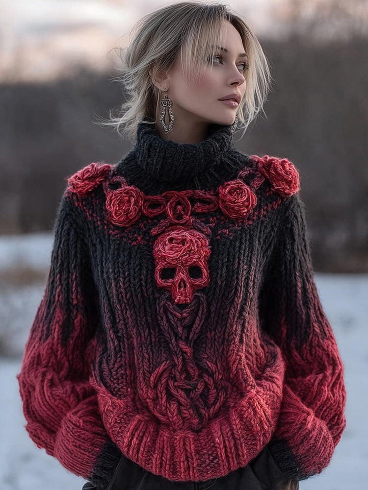 Vintage Red Roses Viking Celtic Skull Cozy Knit Turtleneck Sweater elevenforest